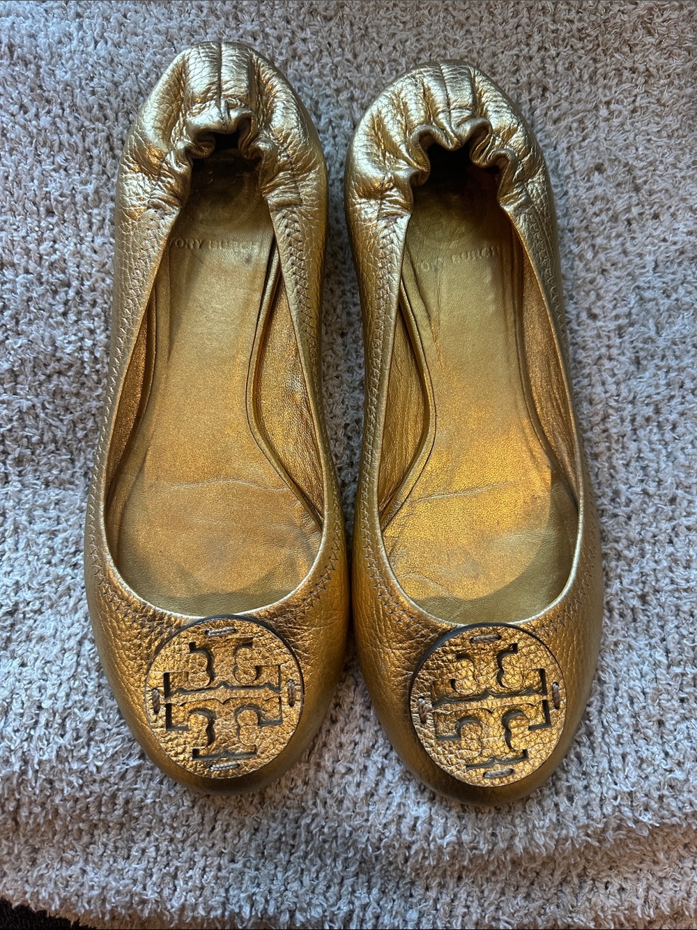 Tory Burch Metallic Gold Reva Logo Ballet Flats